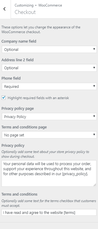 WordPress Customizer Checkout Settings