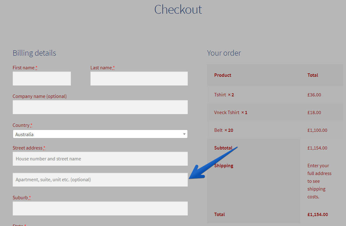 WordPress Customizer Checkout Page Customer Address Field