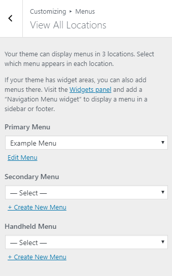 WordPress Customizer Menu Location Options