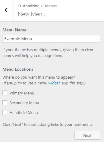 WordPress Customizer Create a New Menu