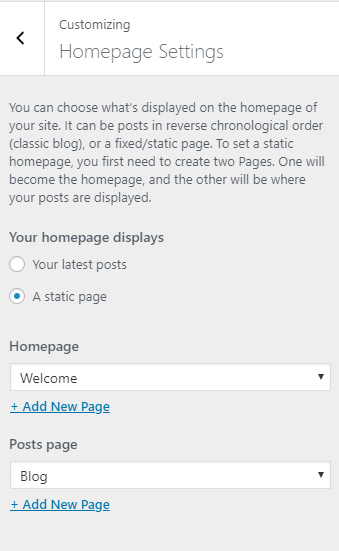 WordPress Customizer Site Homepage Settings