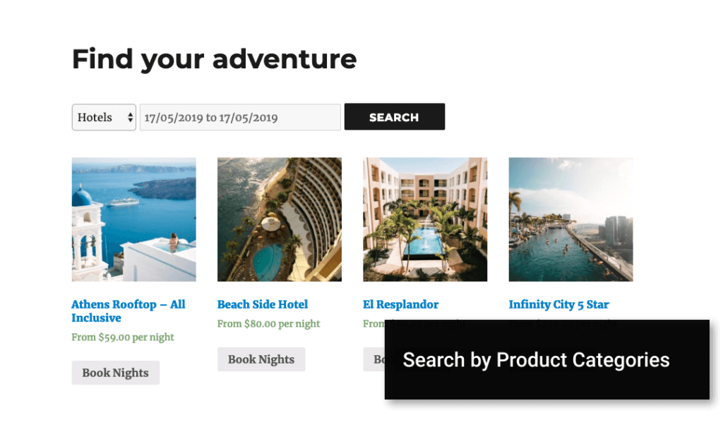 Screenshot of WooCommerce bookings search by product category