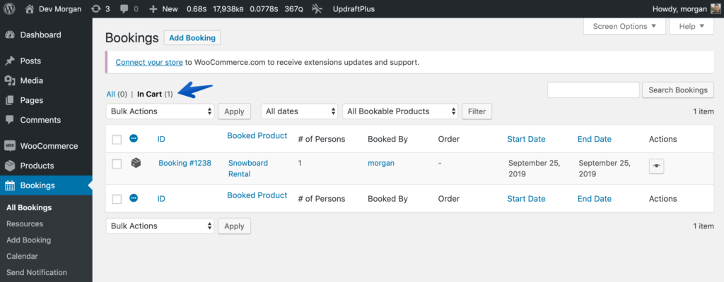  In Cart tab under All Bookings in WooCommerce Bookings screenshot