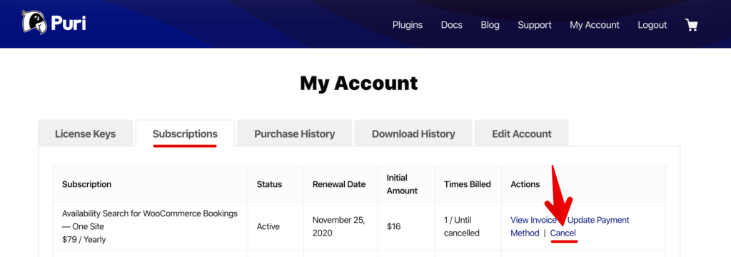 Cancel a payment subscription from your Puri.io account.