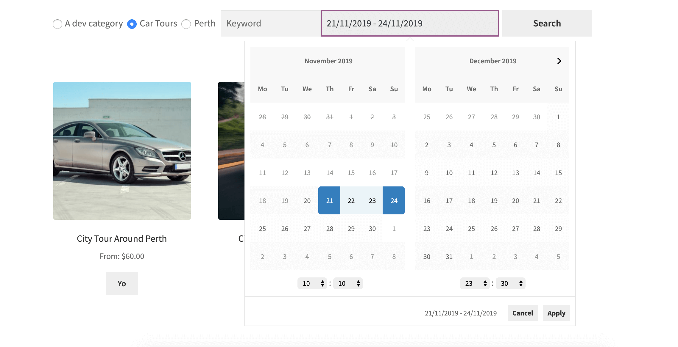 Screenshot of date range picker with time support