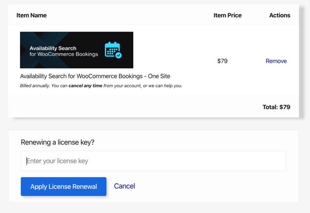Renewing a license key on the checkout.