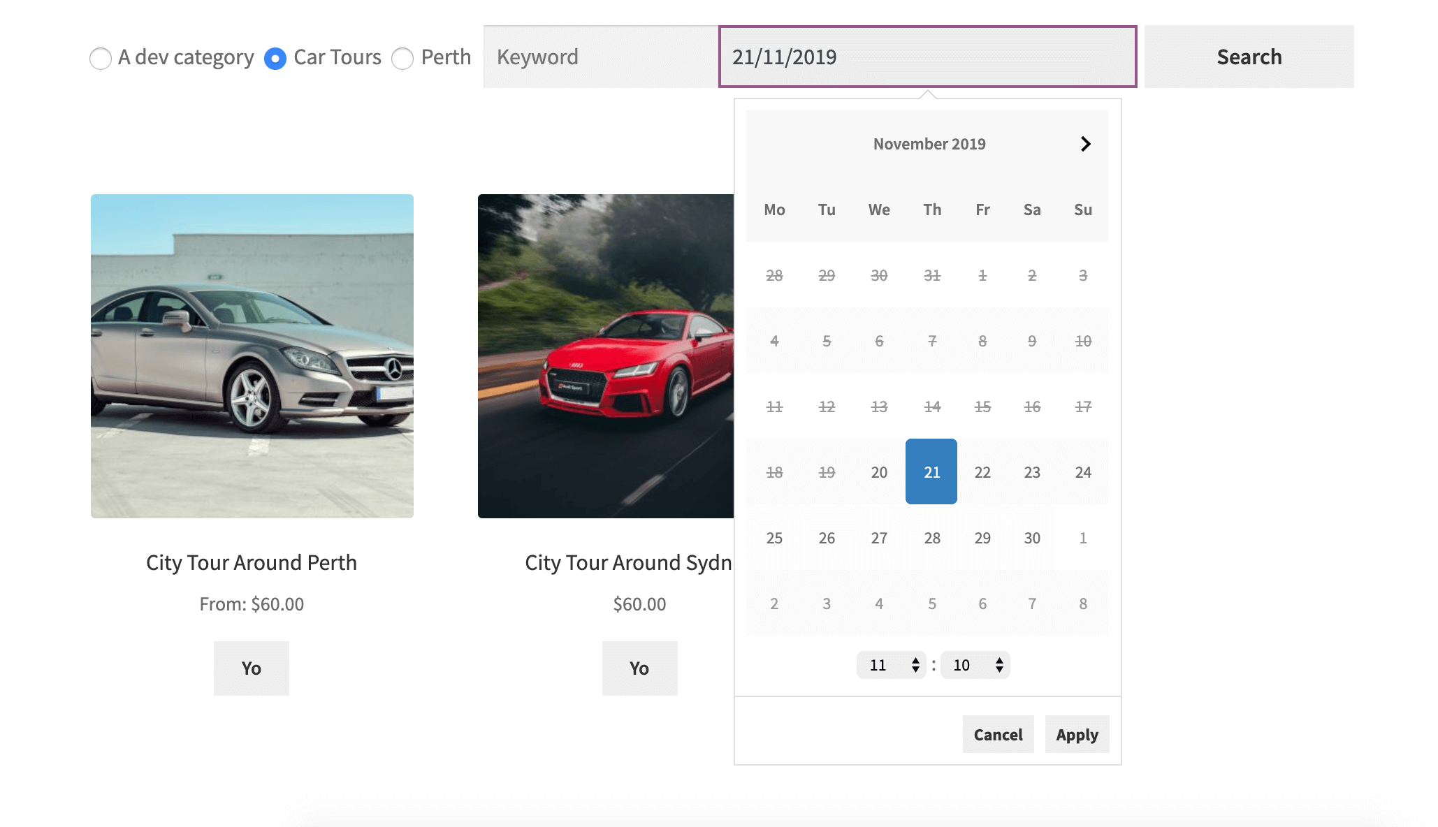 Screenshot of single date picker with time support