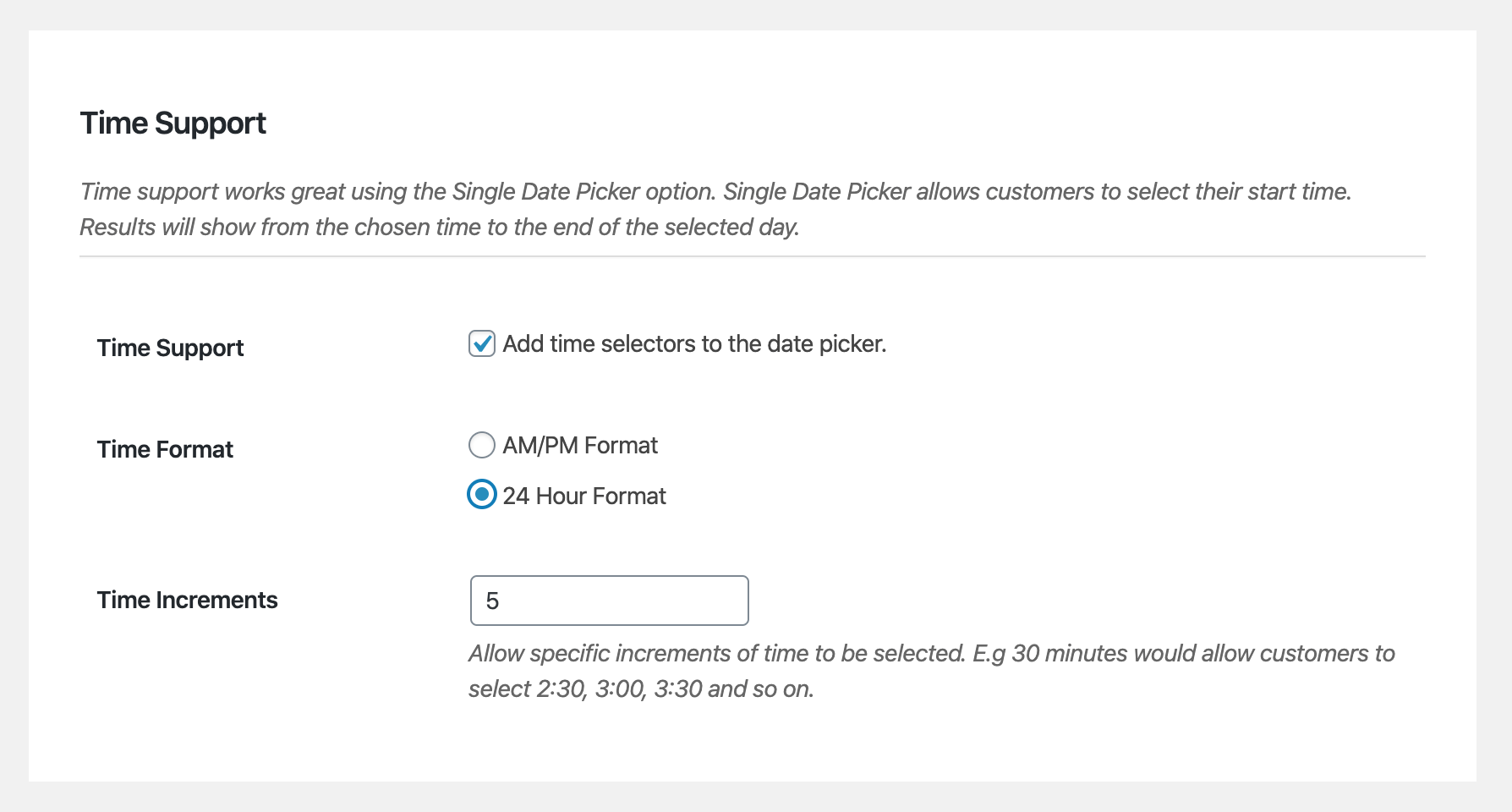 Screenshot of time support settings for WooCommerce Bookings availability search
