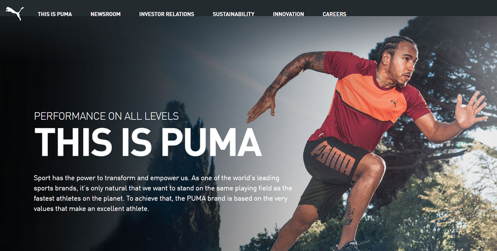 Puma's site design leans heavily on black and white