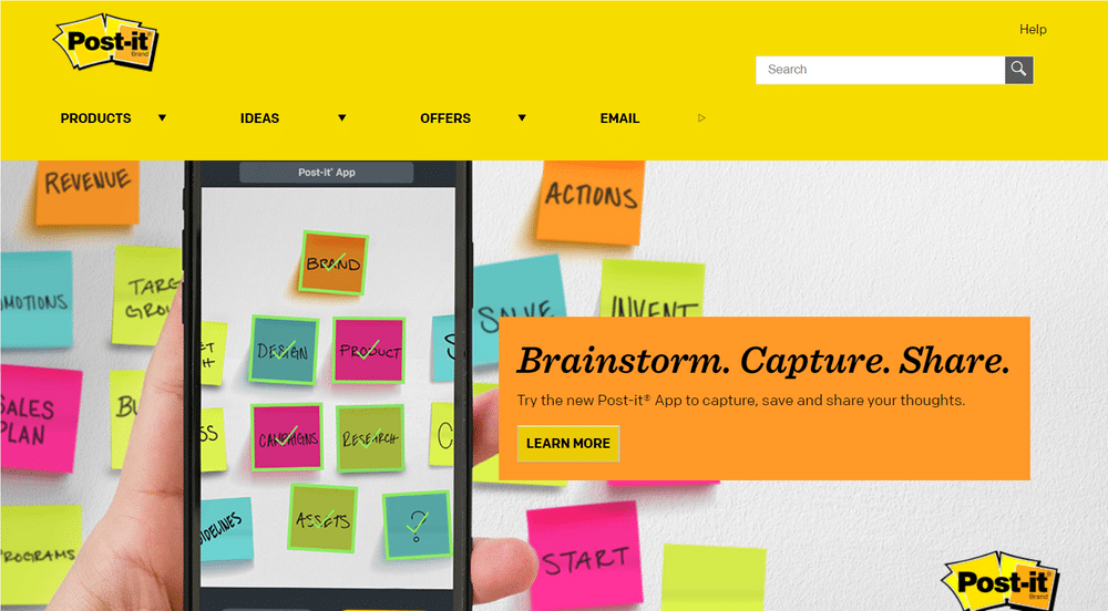 Post-it Notes website uses yellow to appear creative