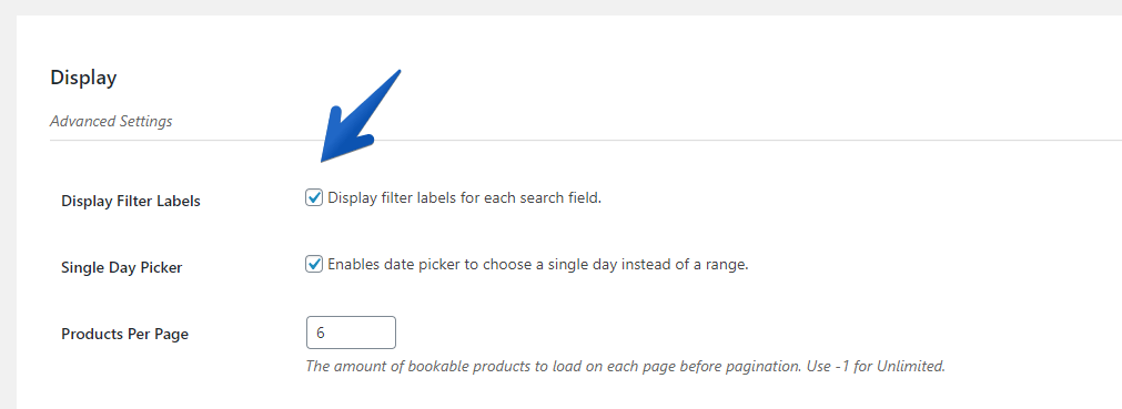 Screenshot of enabling field lables in Availability Search for WooCommerce Bookings