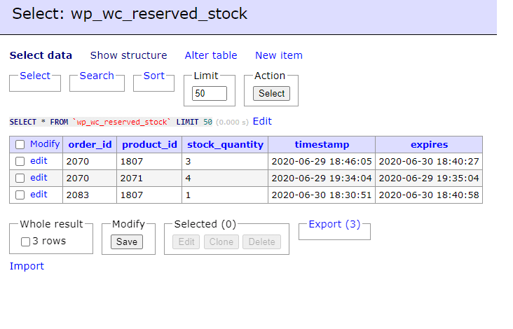 Screenshot the wc_reserved_stock database table in WooCommerce 4.3
