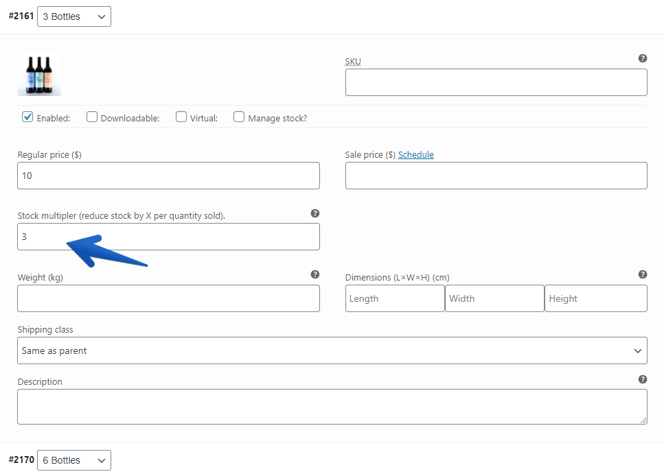 Screenshot of product variation multiplier settings in WooCommerce.