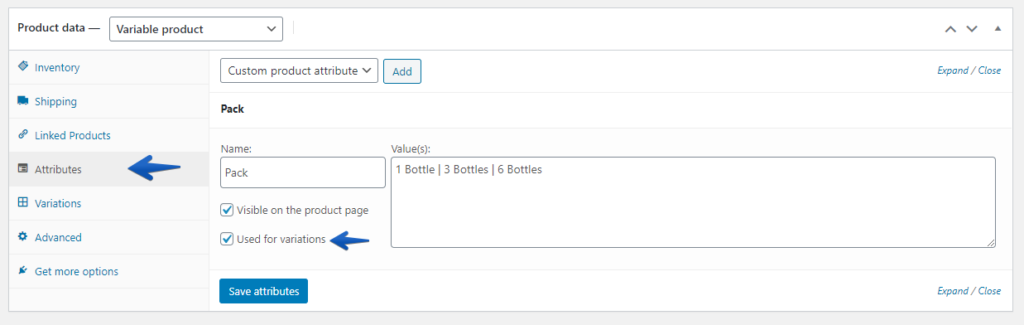 Product Attributes to create a variable product.