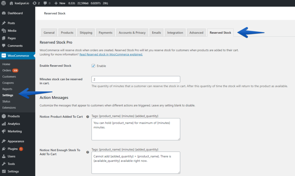 Screenshot of the Reserved Stock Pro settings page