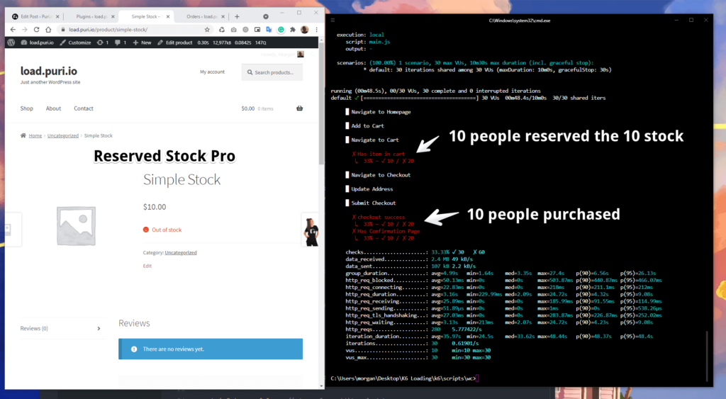 Screenshot of loading testing a WooCommerce store and reservating stock in cart using the Reserved Stock Pro plugin