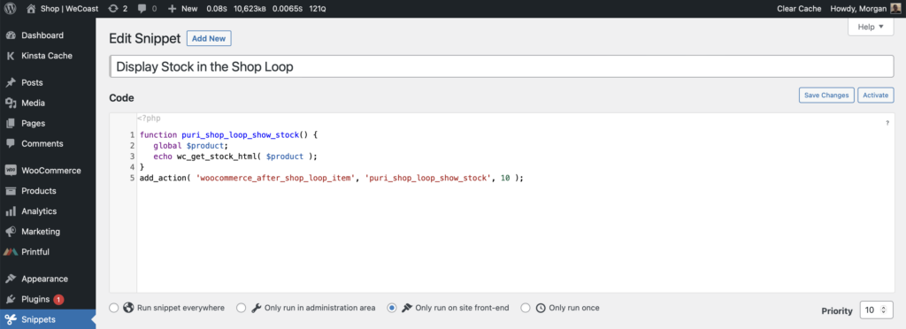 Screenshot of adding a custom function with the Code Snippets plugin.