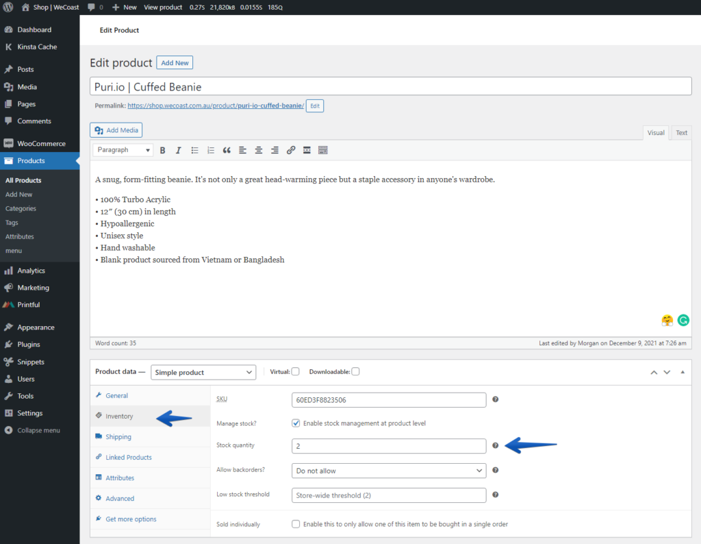 Screenshot showing how to edit product variations manually