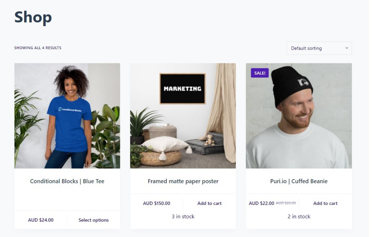 Screenshot of products in the WooCommerce loop with stock status and quantity displayed.