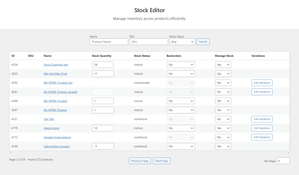 Screenshot of a stock editor spreadsheet