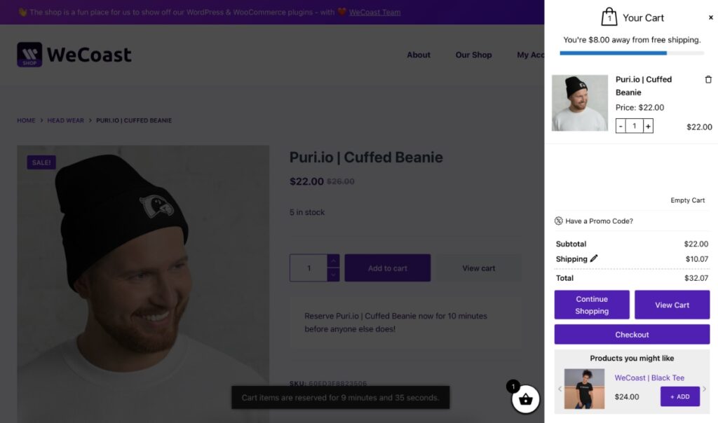 Example screenshot of using Xootix Side Cart in a WooCommerce store