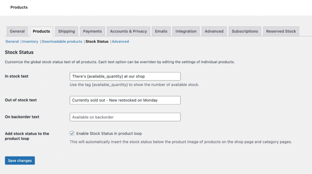 Screenshot of the global stock message settings in WooCommerce
