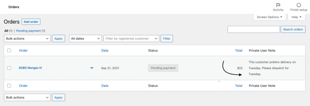 Example screenshot of a customer note in the WooCommerce order table