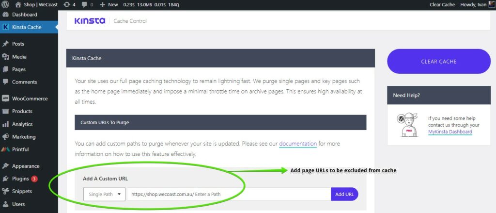 Screenshot showing the page exclusions panel of Kinsta Cache