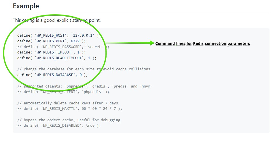 Screenshot showing the usual command lines used for setting Redis connection parameters