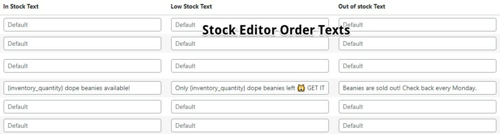 Screenshot showing Stock Editor Order Text panels