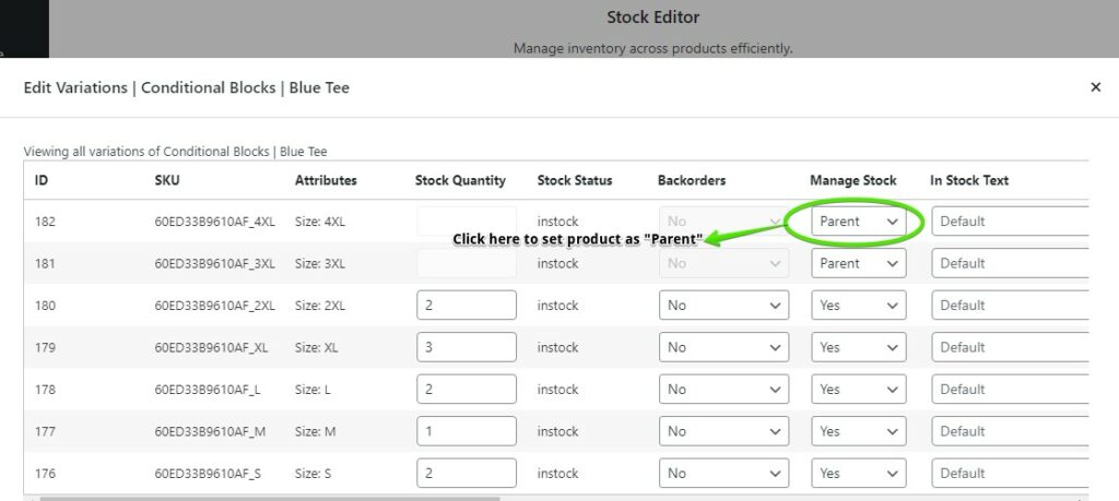 Screenshot showing how to set a product as Parent stock