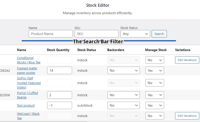 Screenshot showing Stock Editor's Search Bar Filter, stock quantity, and stock options.