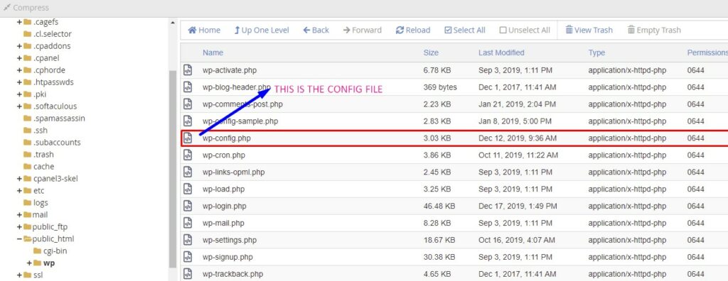 Screenshot showing how to access the wp-config.php file