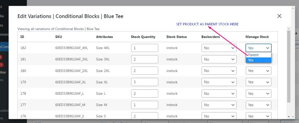 Screenshot showing how to set a stock as parent product
