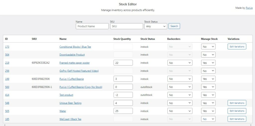 Screenshot showing the Stock Editor dashboard