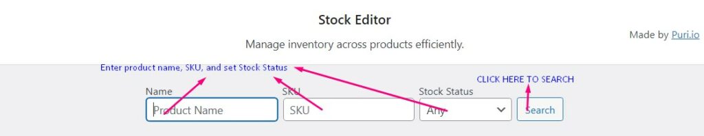 Screenshot showing the filterable search bar of Stock Editor