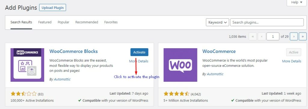 Screenshot showing how to activate the newly installed WooCommerce Blocks
