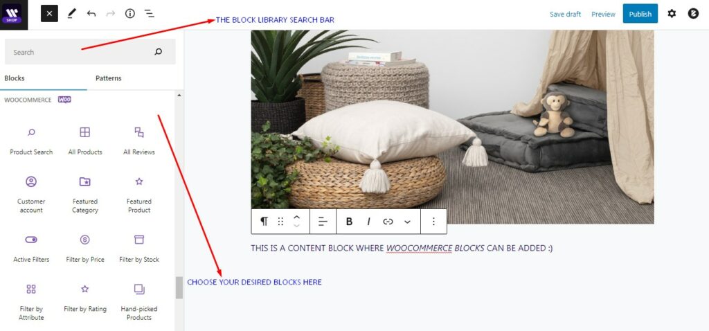 Screenshot showing how to choose a block from the WordPress Block Library