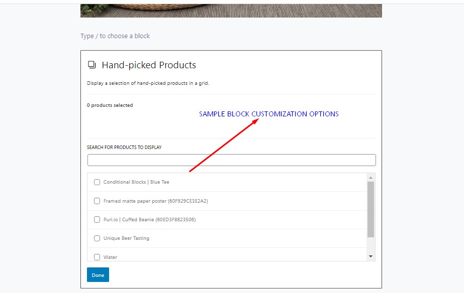 Screenshot showing how to customize any of the blocks of WooCommerce Blocks