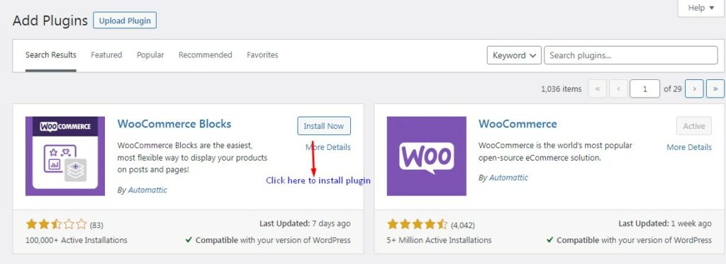 Screenshot showing how to install WooCommerce Blocks