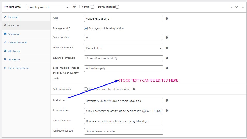 Screenshot showing how to edit stock texts through Stock Editor