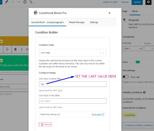 Screenshot showing how to set up WooCommerce cart value