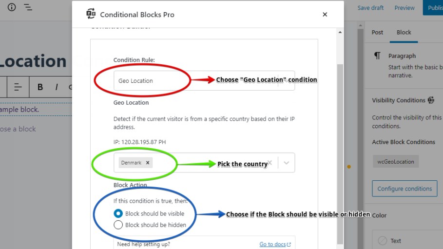 Screenshot showing how to set up the Geo Location condition