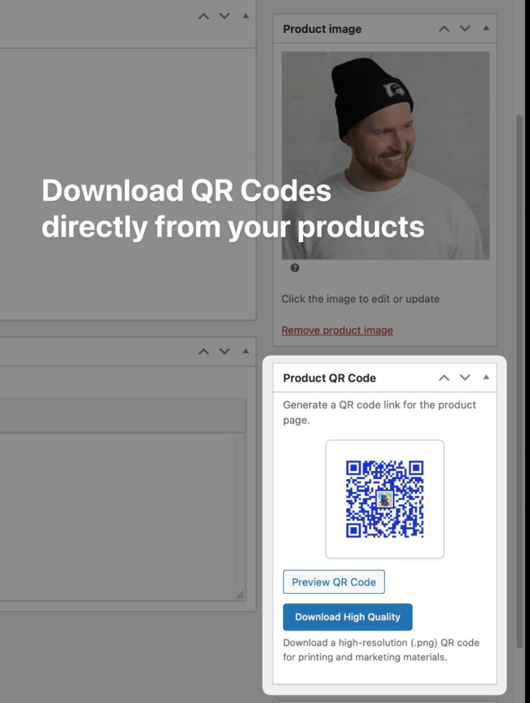 Example screenshot of downloading a QR code from a individual WooCommerce product. 