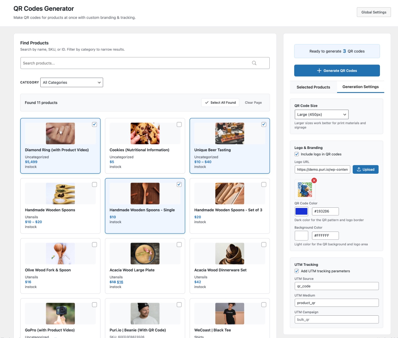 Bulk selecting WooCommerce products for QR generation with the Puri.io plugin