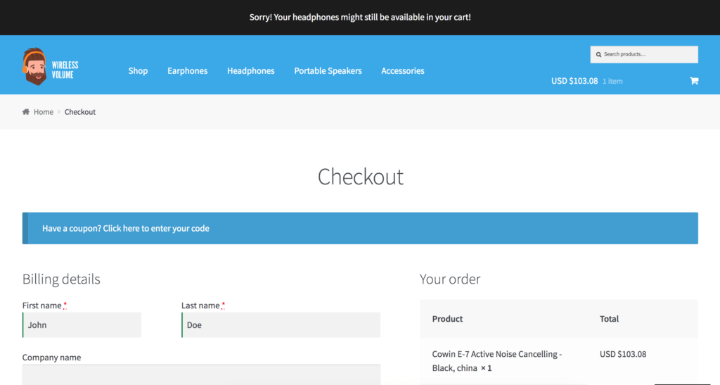 WooCommerce clear cart and expiry message