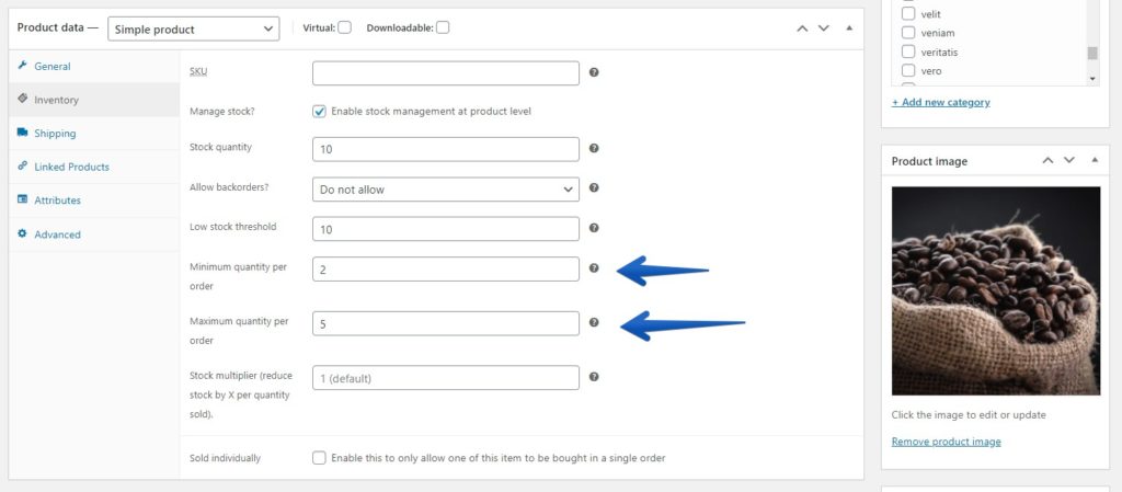 Screenshot of adding minimum and maximum quantities to product settings in WooCommerce