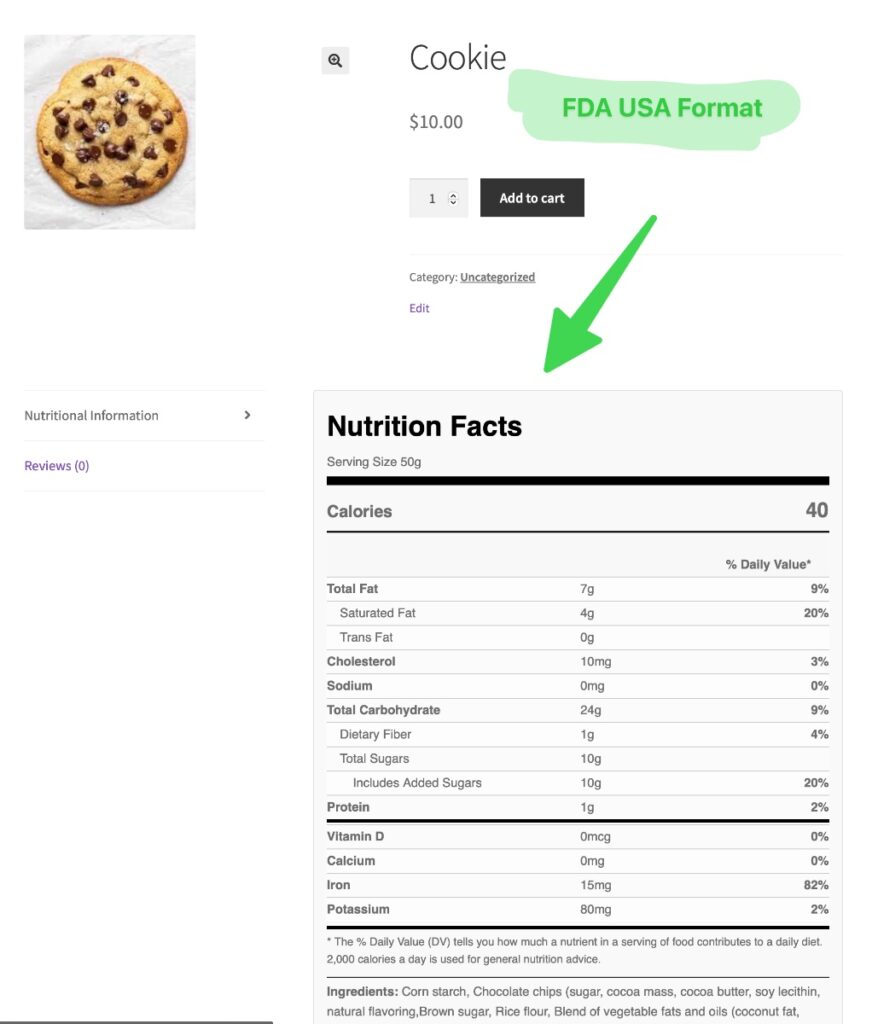 FDA nutritional format woocommerce