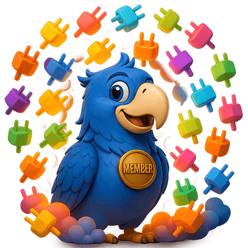 Illustration of Puri bird mascot surrounded by plugins