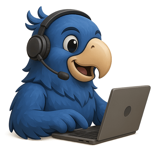 Illustration of the Puri mascot typing on a computer